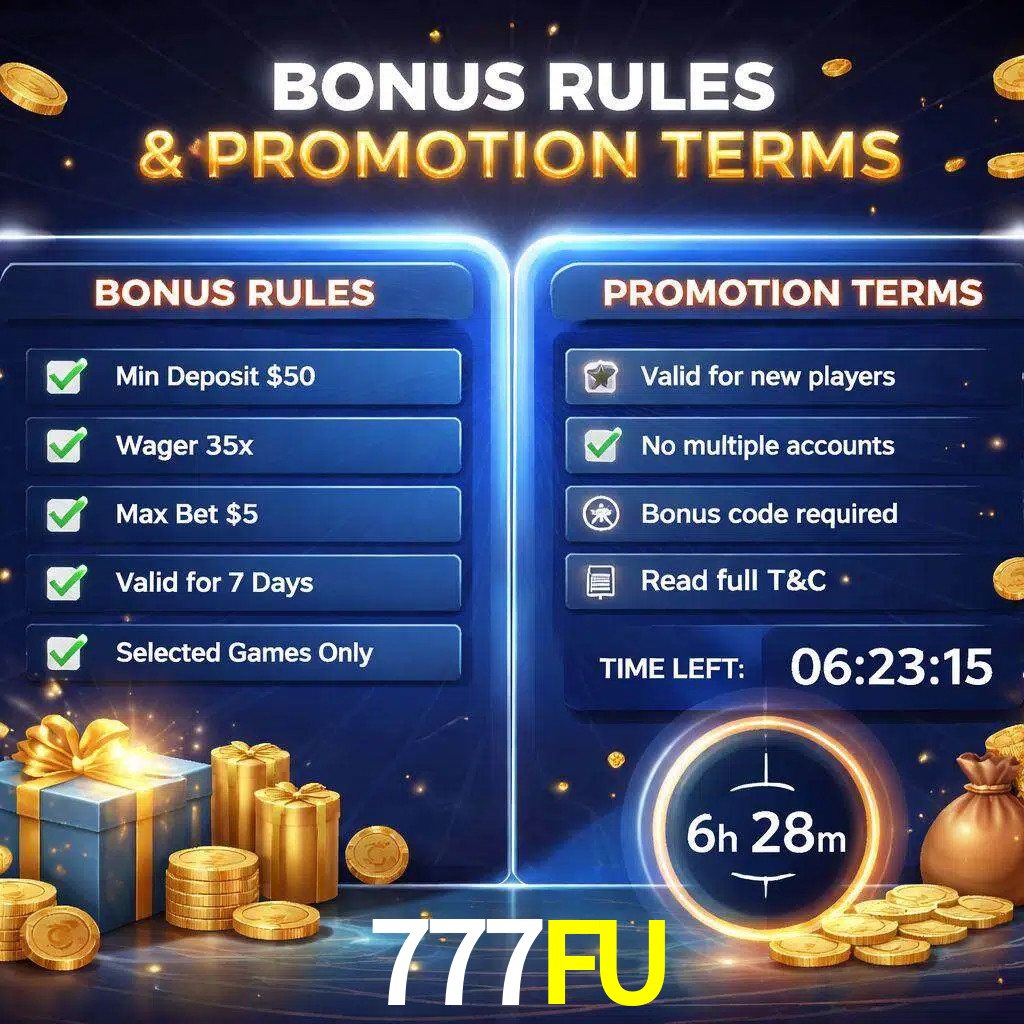 Reglas de promoción 777FU y condiciones de bonos explicadas visualmente