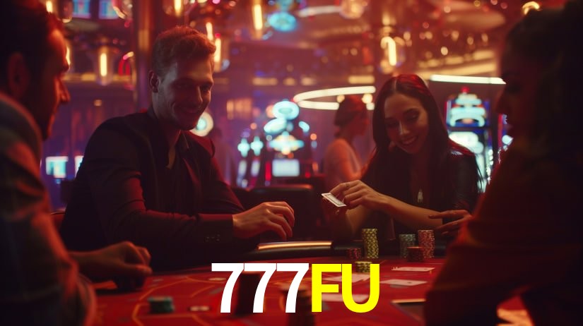 Una escena digital vívida inspirada en casino con 777FU mostrado prominentemente, luces brillantes, fichas, cartas y acentos dorados.